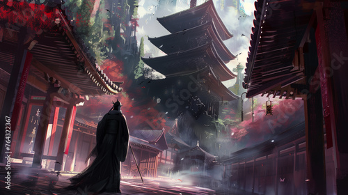Chinese temple in the fog with a monk in a black robe. photo