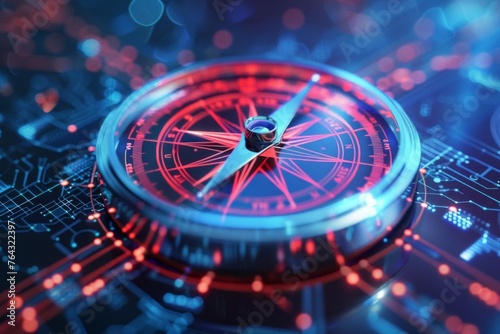 Futuristic digital compass guides business strategy, innovative technology concept illustration