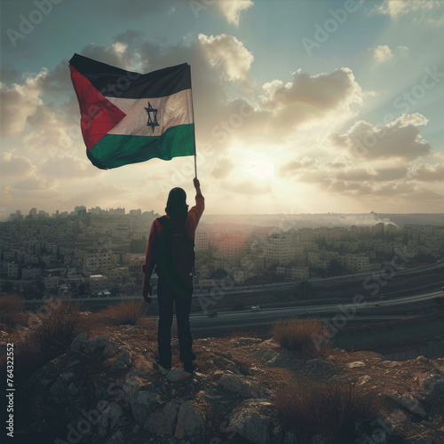 Palestinian fighters holding flags