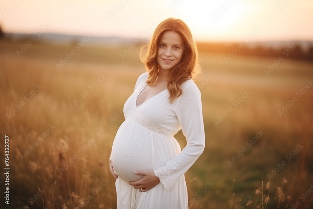 Young Caucasian pregnant woman wearing a white dress, natural rural blurred background, sunset Young Caucasian pregnant woman wearing a white dress, natural rural blurred background, sunset