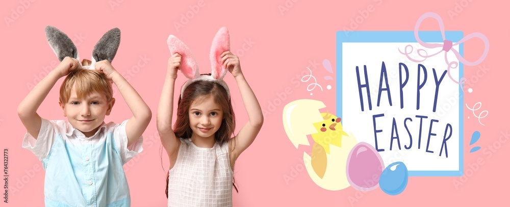 Easter banner with funny children wearing bunny ears Easter banner with funny children wearing bunny ears