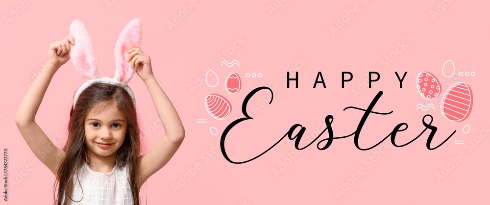 Easter banner with little girl wearing bunny ears Easter banner with little girl wearing bunny ears