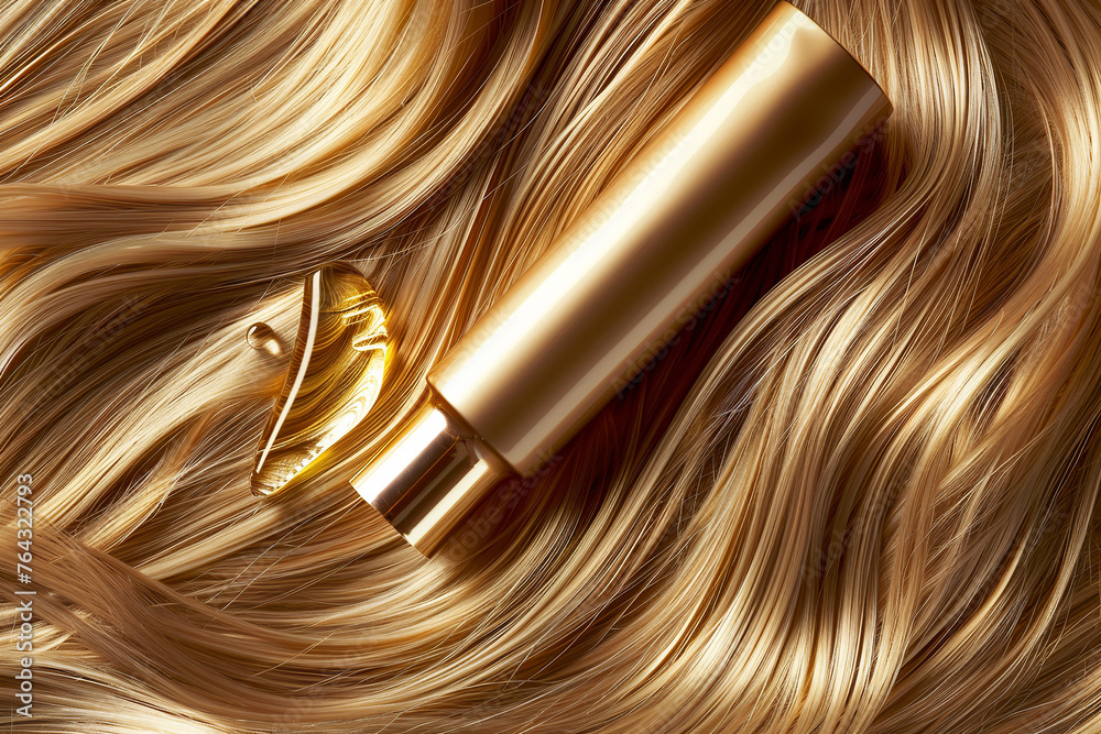 Obraz premium cosmetic cream tube mockup, flowing golden hair waves with oil droplets, luxurious and elegant appearance, hair cosmetics