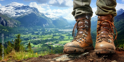 Rugged Hiking Boots Poised on a Mountain Trail Overlooking a Breathtaking Alpine Valley, Generative AI