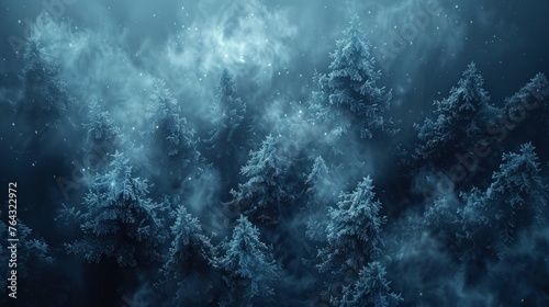 A group of trees are covered in snow and fog, AI