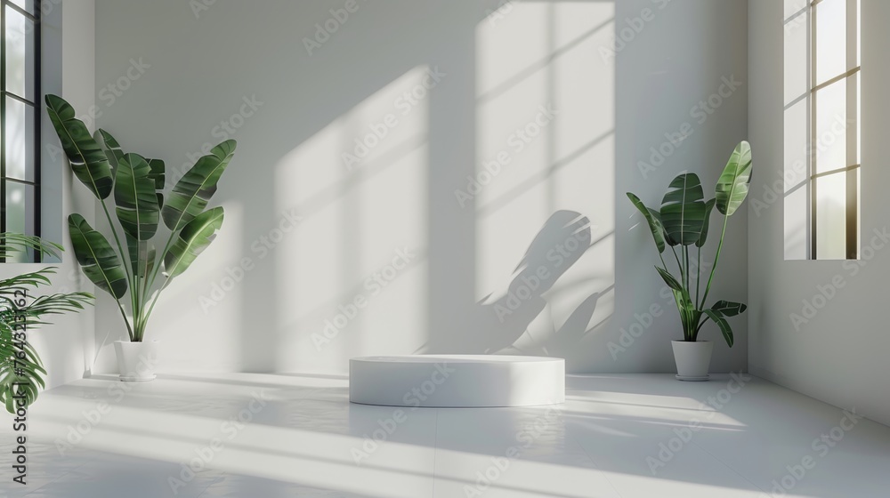 Minimalist White Studio Room Template - Modern Product Display Backdrops for Design D Rendering Generative AI - obrazy, fototapety, plakaty 