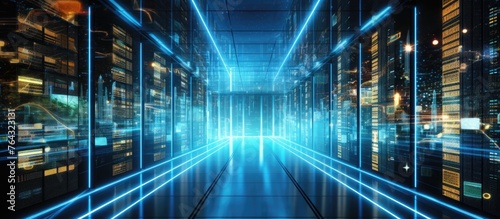 An extensive hallway lined with multiple rows of powerful servers in a high-tech data center © TheWaterMeloonProjec