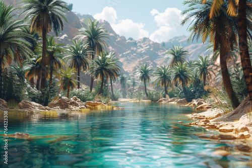 A desert oasis with palm trees providing shade for a vibrant ecosystem  illustrating the resilience of life in arid environments. Concept of desert biodiversity. Generative Ai.