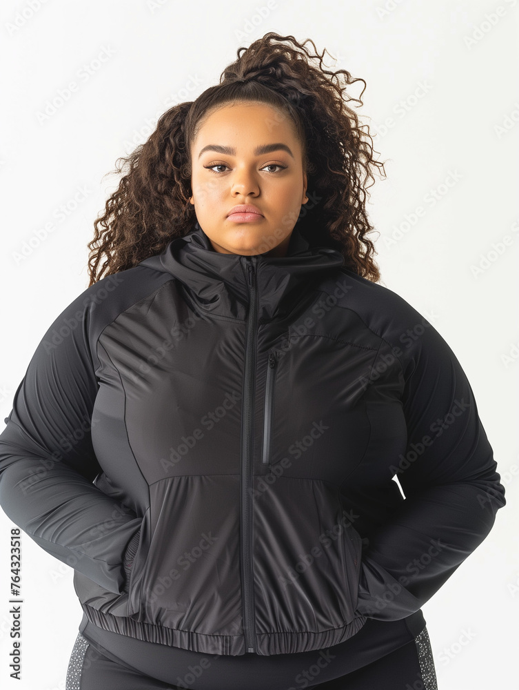 A young woman plus size with curly hair in a black tracksuit, studio photo, white background A young woman plus size with curly hair in a black tracksuit, studio photo, white background