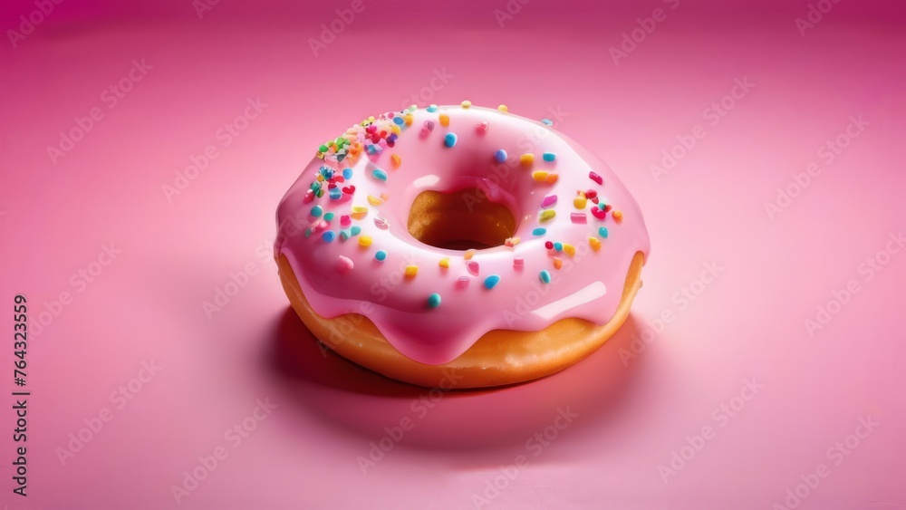 Colorful donut covered in sprinkles, set against vibrant pink background. For bakery website, dessert advertisement, cafe, restaurant menu, on food blog, social media, culinary book, magazine. banner. Colorful donut covered in sprinkles, set against vibrant pink background. For bakery website, dessert advertisement, cafe, restaurant menu, on food blog, social media, culinary book, magazine. banner.