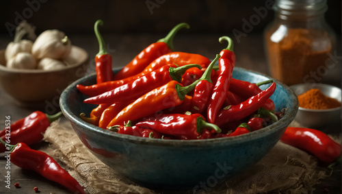 Red  mexican  pepper in a bowl in the kitchen photo
