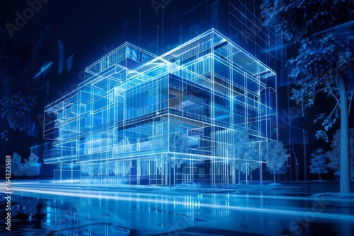 Futuristic smart building design with autonomous control system blueprint