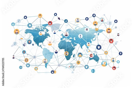 Global business network structure, customer analysis, data exchange, HR, outsourcing, strategy illustration