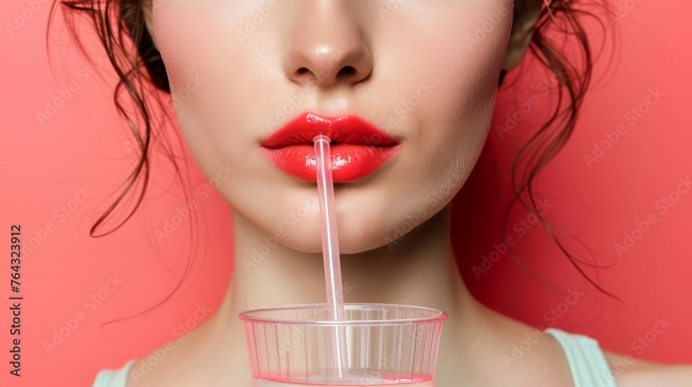 a woman with a straw in her mouth and a drink in a cup in front of her face with a straw sticking out of her mouth. - obrazy, fototapety, plakaty 