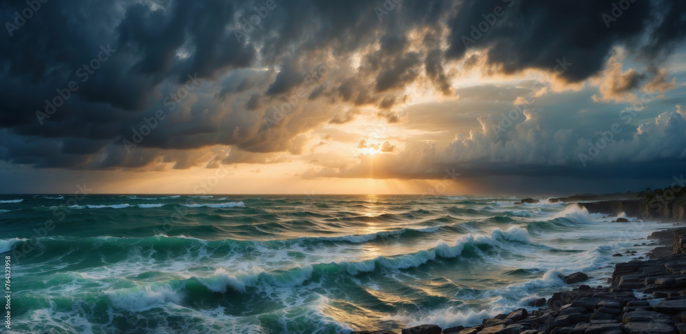 Obraz premium Sunrise on the sea Stormy sea beach