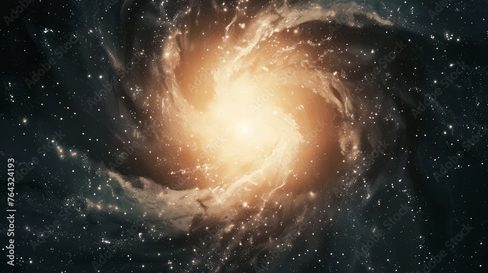 An image of a galaxy with the shape of a whirlpool, an image of a collection of luminous stars with a central sun.