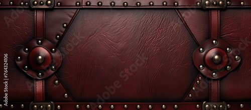 A detailed view of a red leather suitcase featuring numerous rivets and sturdy construction photo