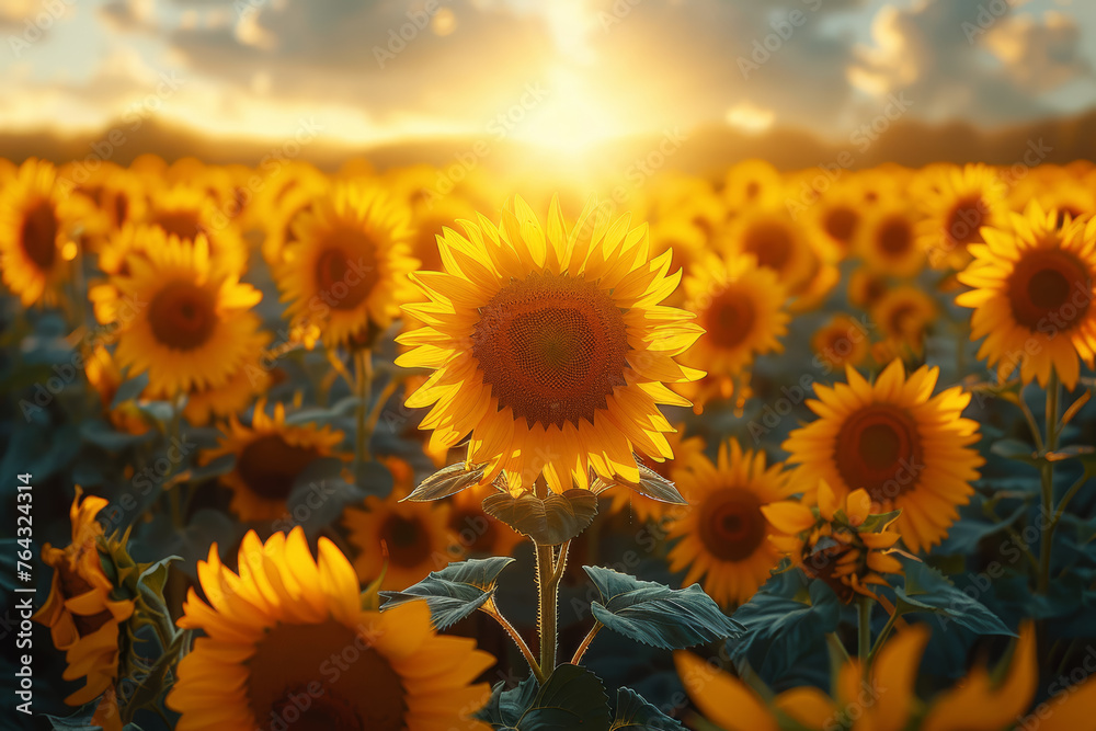 A sunflower field basking in the warmth of sunlight, symbolizing the vibrancy and optimism of sunflowers in natural landscapes. Concept of sunflower fields and vitality. Generative Ai.