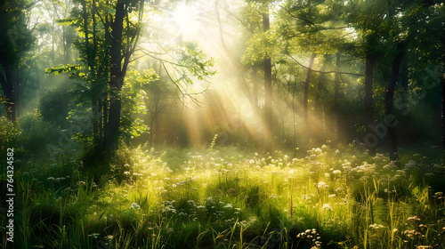 Morning Sunlight Illuminating Ancient Forest Wild Grasses in Peaceful Harmony © Intrpohn