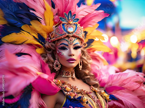 Woman in bright festive carnival costume.