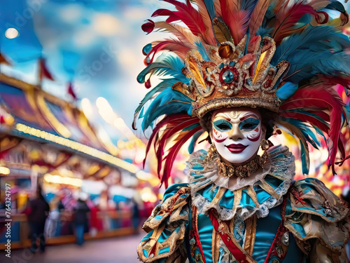 Woman in bright festive carnival costume.