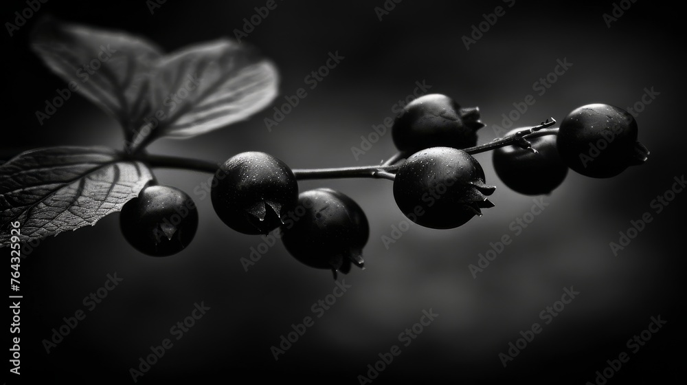 a black and white photo of berries hanging from a twig on a branch with leaves on a dark background. - obrazy, fototapety, plakaty 