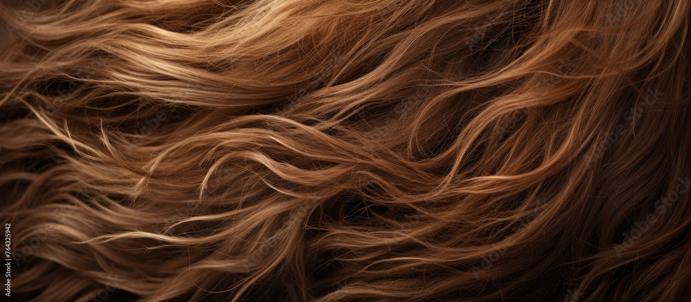 A detailed view showing the hair of a woman with long, wavy, and brown hair.