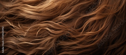A detailed view showing the hair of a woman with long, wavy, and brown hair.