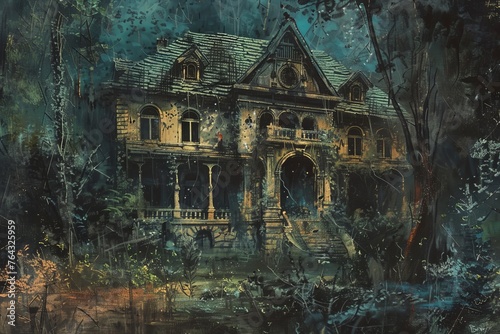 A spooky artwork depicting a deserted mansion in a shadowy forest, its worn exterior suggesting long-forgotten tales and unknown secrets within. © Hamza