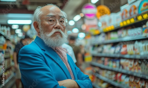 An old man with a beard and glasses standing in a supermarket aisle. Generative AI.