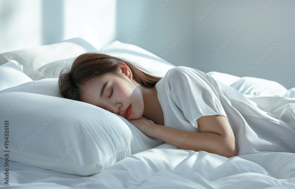 Asian woman peacefully sleeping on a bed with white sheets. Asian woman peacefully sleeping on a bed with white sheets.