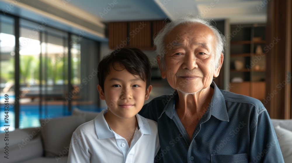 An asian man and his grandson standing in front of a pool. Generative AI. An asian man and his grandson standing in front of a pool. Generative AI.