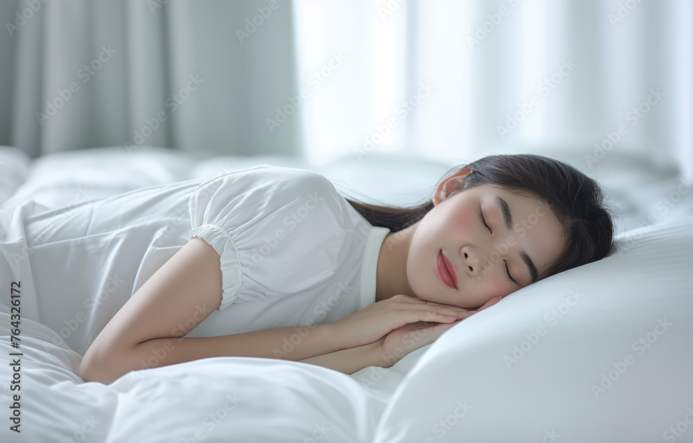 Asian woman peacefully sleeping on a bed with white sheets. Asian woman peacefully sleeping on a bed with white sheets.