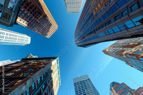 low angle photo of buildings in boston  wide shot  blue sky  skyscrapers  architectural photography Generative AI