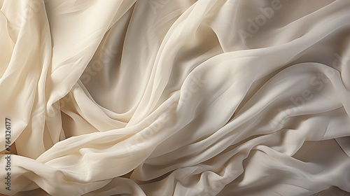 Elegant ivory silk fabric texture close-up, flowing and wavy soft textile surface, perfect for fashion design, wedding dresses, home decor. Ideal for sophisticated stylish themes