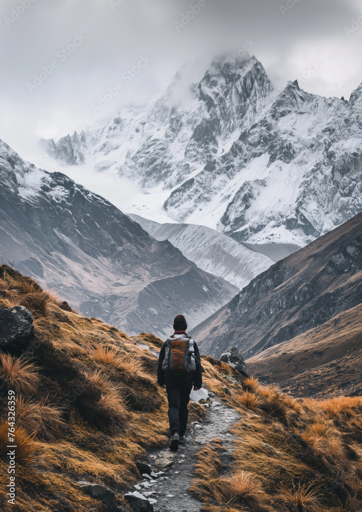 Hiking to Himalayas. Success and achievement concept.