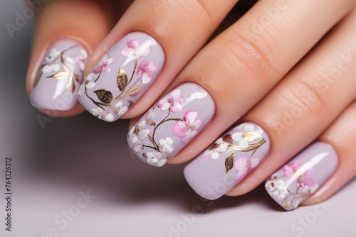 Close-up of nails adorned with intricate and elegant floral nail art. Ideal for beauty blogs, nail art tutorials, and fashion editorials focusing on the artistry of nail design