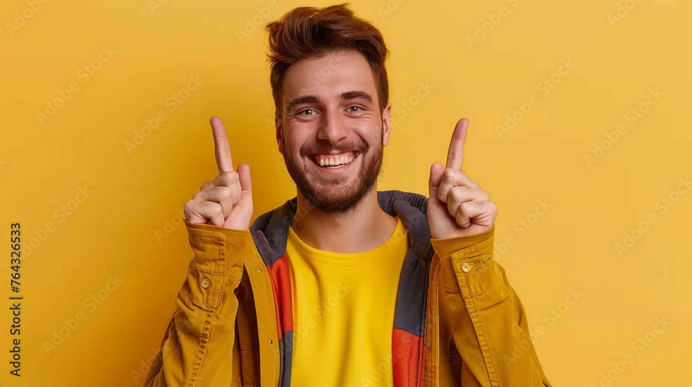 A man in yellow jacket making a peace sign with his fingers, AI A man in yellow jacket making a peace sign with his fingers, AI
