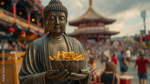 A statue of a buddha holding a bowl of fries in front of a crowd. Generative AI.