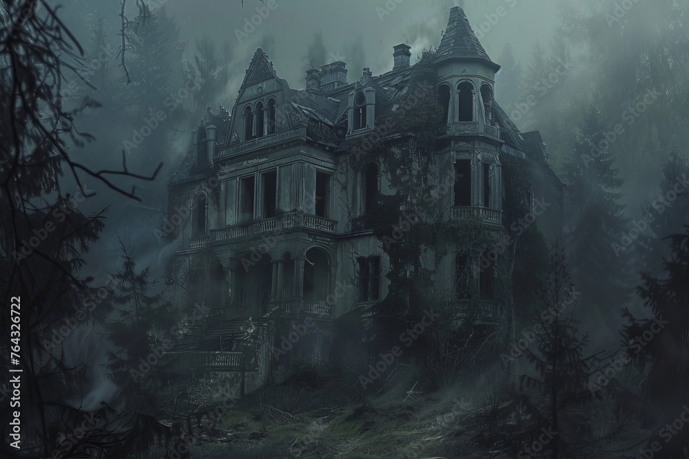 The picture depicts a spooky abandoned mansion in a dark and menacing woodland, with its worn exterior suggesting unspoken mysteries and forgotten tales hidden within.