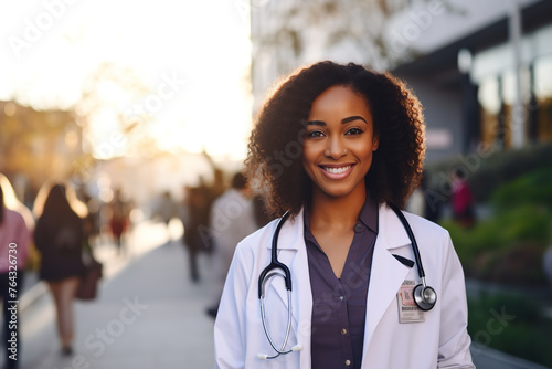 Young black female doctor wearing a white coat and stethoscope, blurred background
