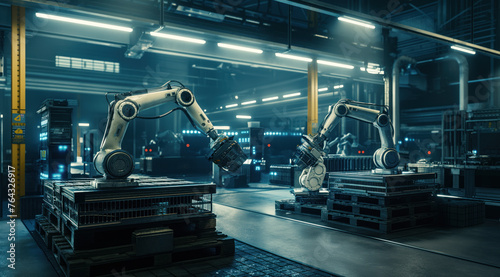Robot arms in factory. Production line.