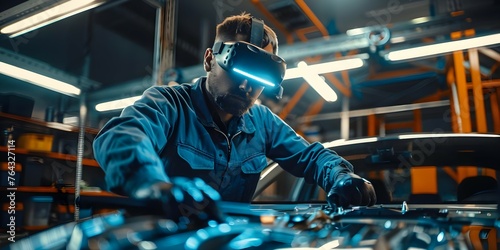 High-Tech Auto Mechanic Uses AR Glasses to Fix Car in Garage. Concept Auto Mechanics, High-Tech Tools, Augmented Reality, AR Glasses, Garage Repairs