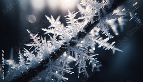 Macro shot of ice crystals forming on a branch in the chilly winter air