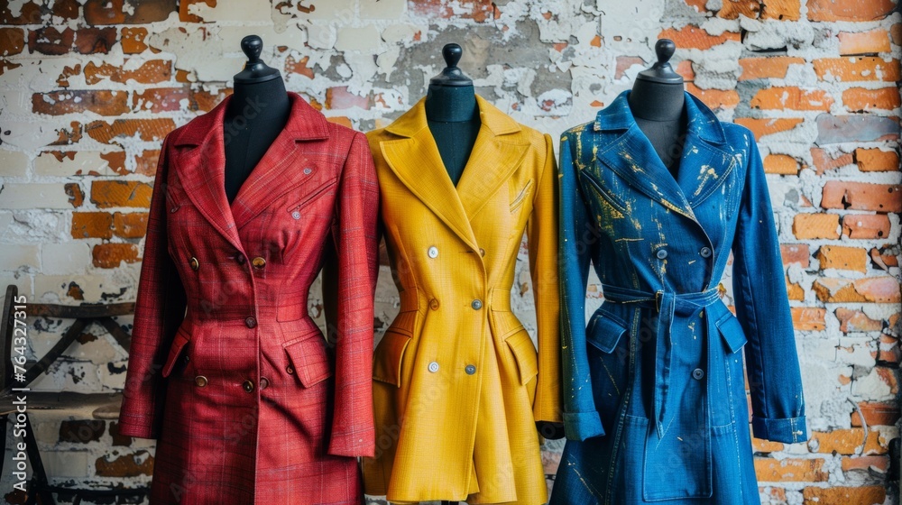 Fototapeta premium Three dresses on mannequins in front of a brick wall, AI