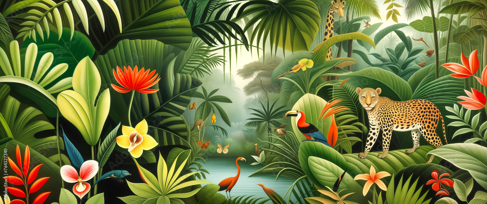 Panoramic view of dense forest with palms, lianas, flowers, birds and wild animals. tropical jungle wallpaper. Panoramic view of dense forest with palms, lianas, flowers, birds and wild animals. tropical jungle wallpaper.