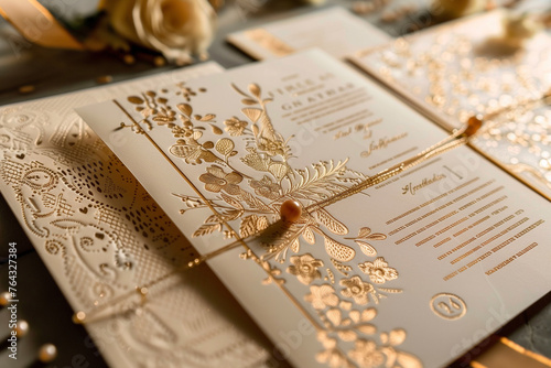 A set of wedding invitations with gold embossing and flowers photo