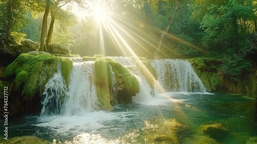a waterfall in the middle of a forest with green moss growing on it and the sun shining through the trees. © Olga