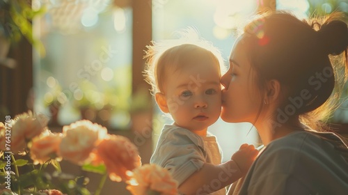 A woman kissing a baby on the cheek while holding it. Generative AI.