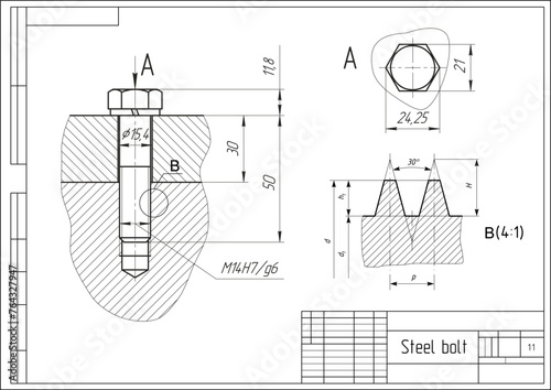 Vector engineering cad drawing of mechanical part ( steel bolt )
with thread. Computer design of machine parts
with through hole, bolted connection 
wand dimension lines. Technical background.
